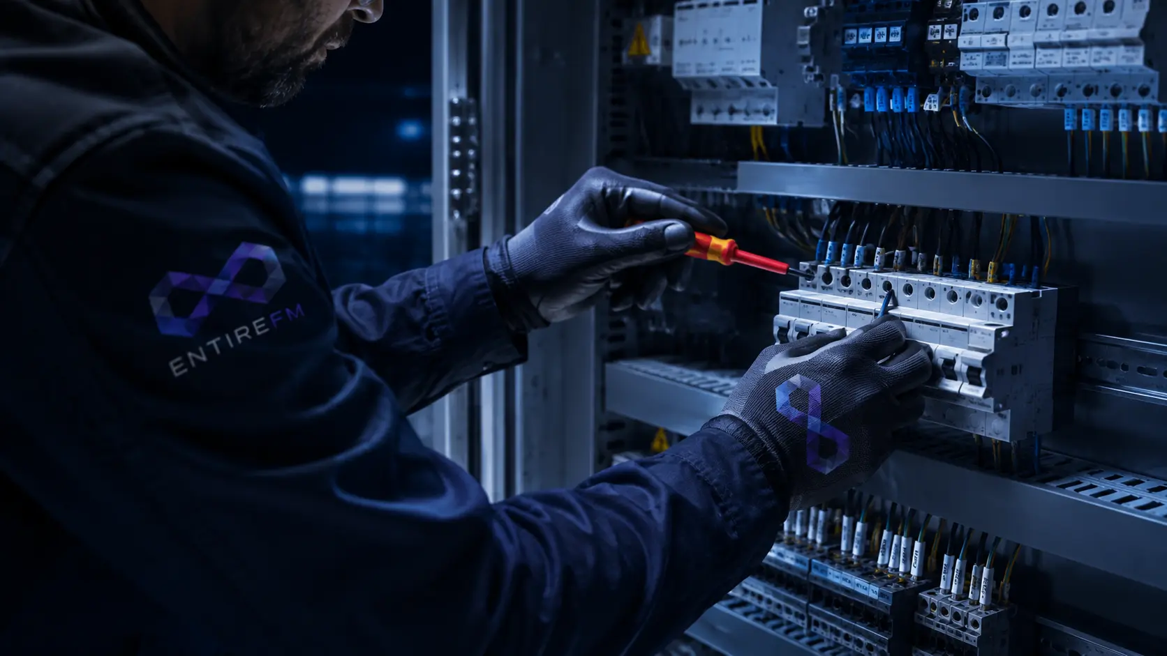 EntireFM engineer working on live distribution equipment with test instruments
