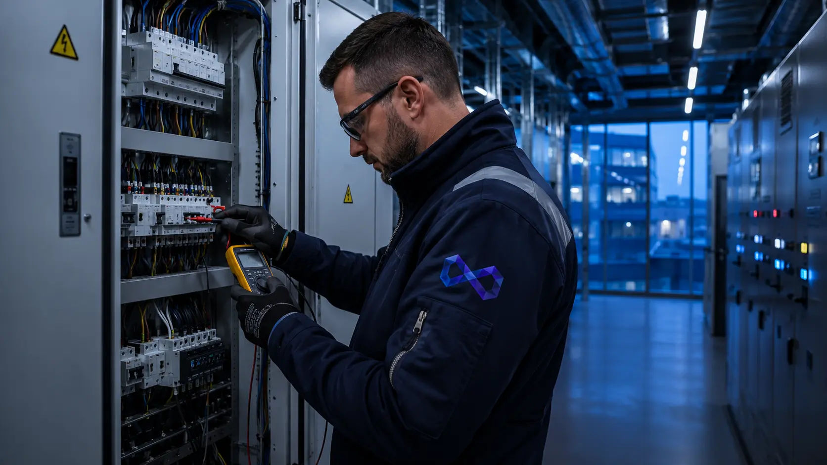 EntireFM engineer testing a distribution board in a commercial switch room