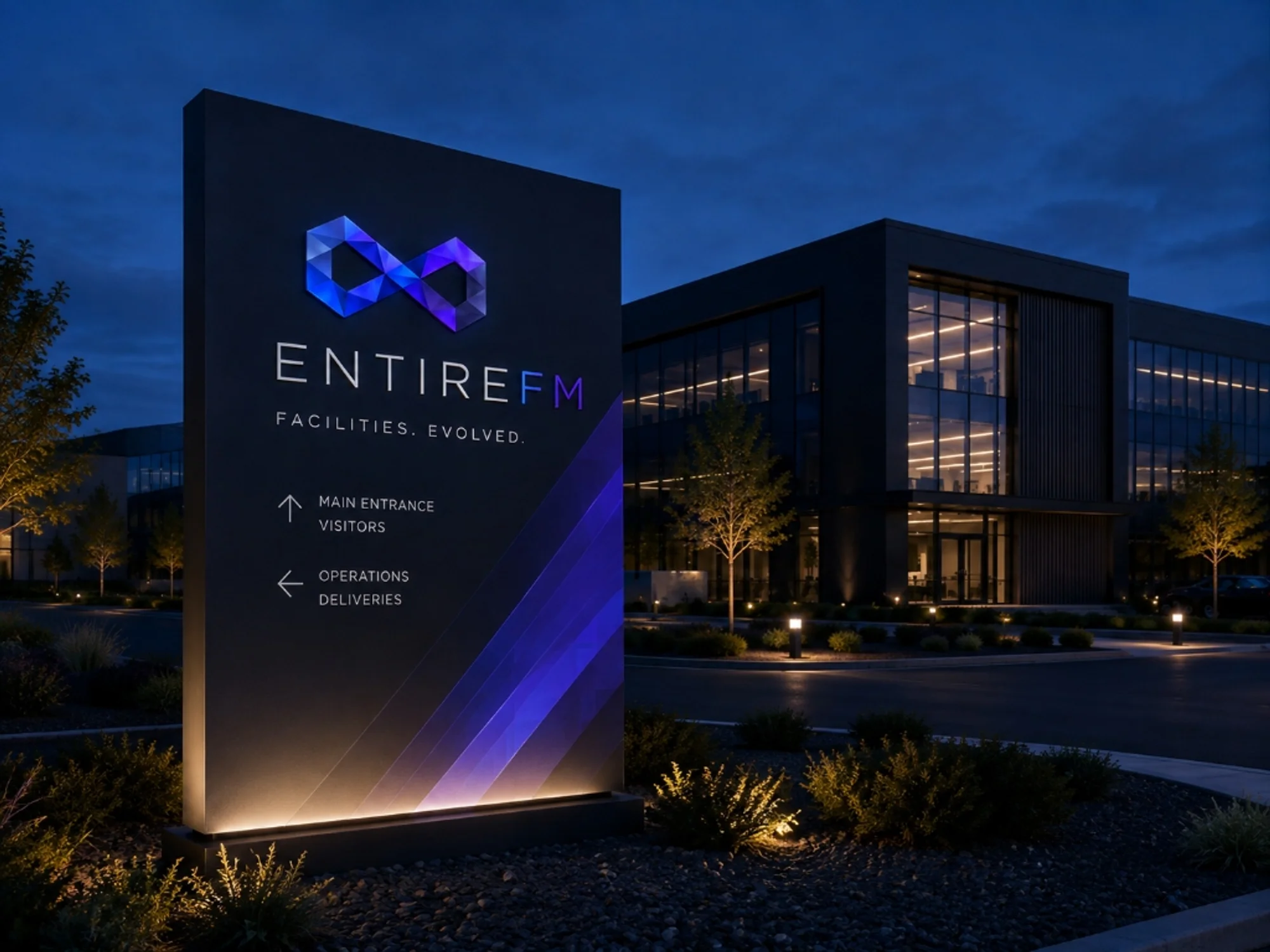 EntireFM illuminated corporate totem signage outside a modern commercial facility at dusk