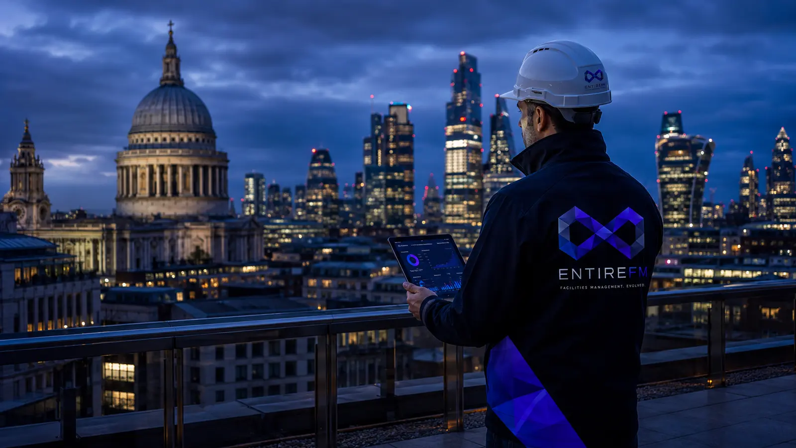 EntireFM commercial engineering team surveying rooftop plant across city skyline