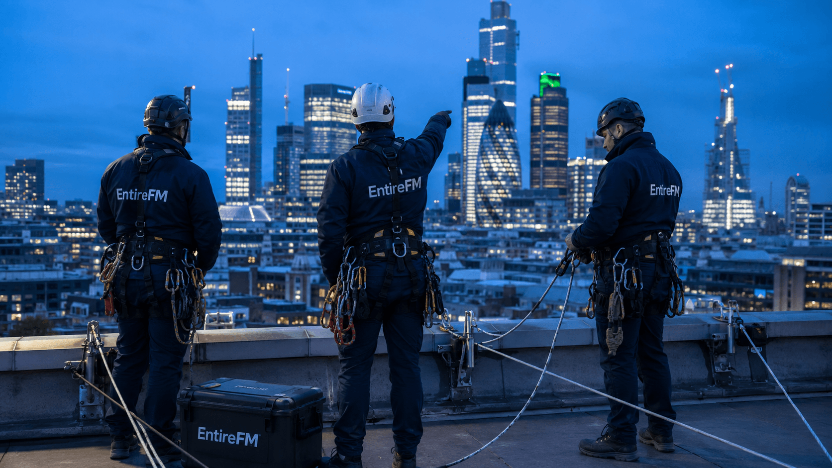 EntireFM IRATA-certified rope access technician performing high-level building maintenance on commercial façade